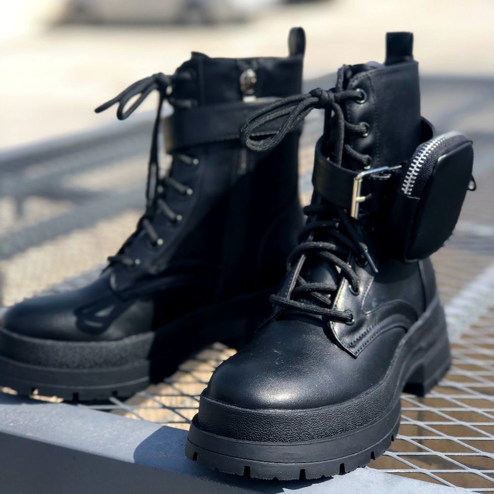 Liliana Black Combat Moto Boots with Mini Zip Pouch